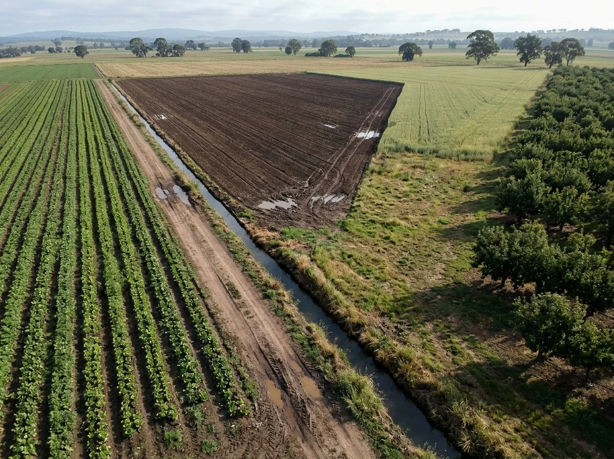 Aerial view of a farming region: rows of vegetables, a freshly tilled field, an irrigation channel and an orchard