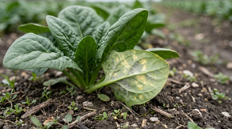 Spinach leaf with yellowing and a faint white coating on the underside