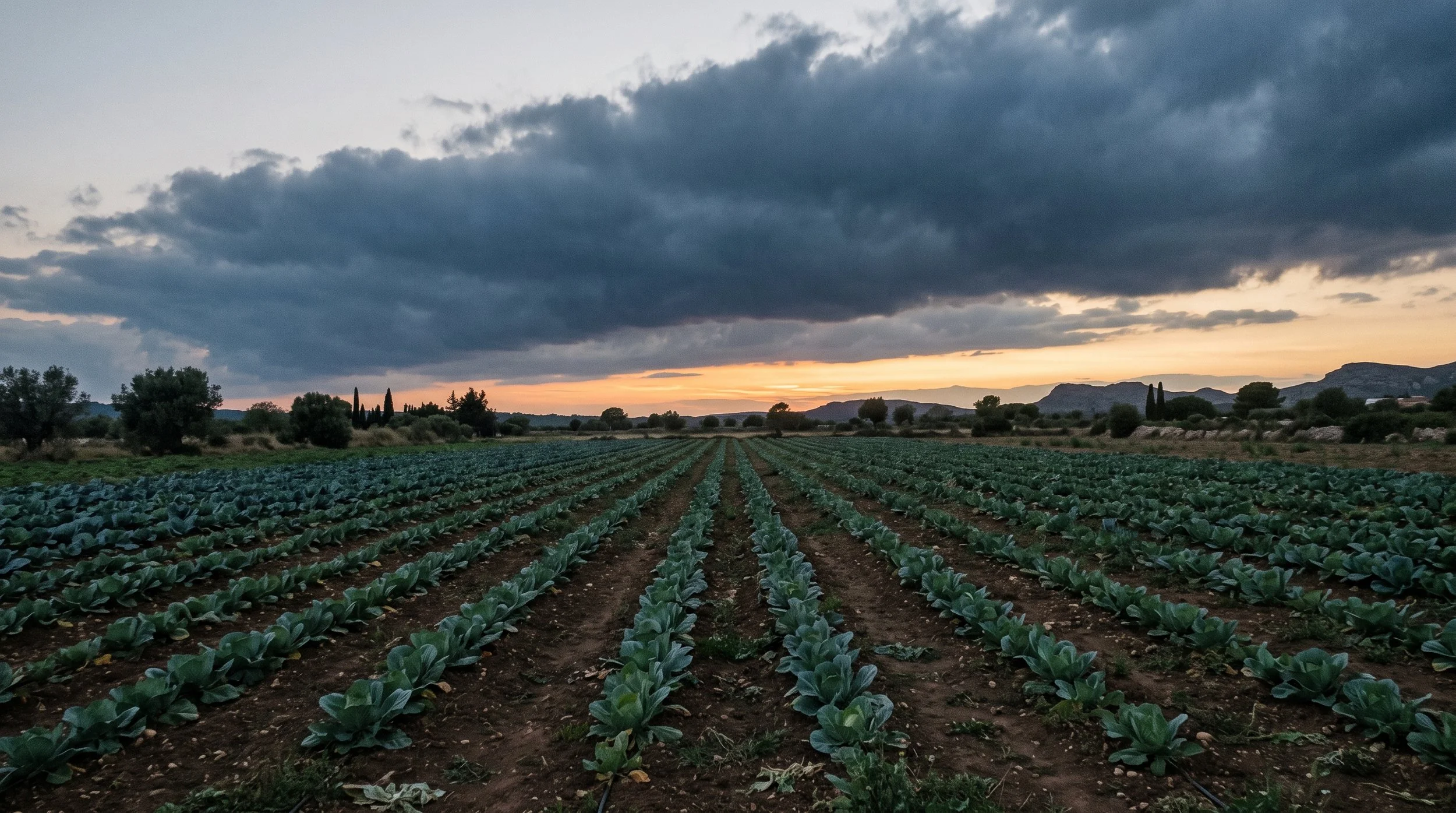 Field rows under rain clouds at dusk