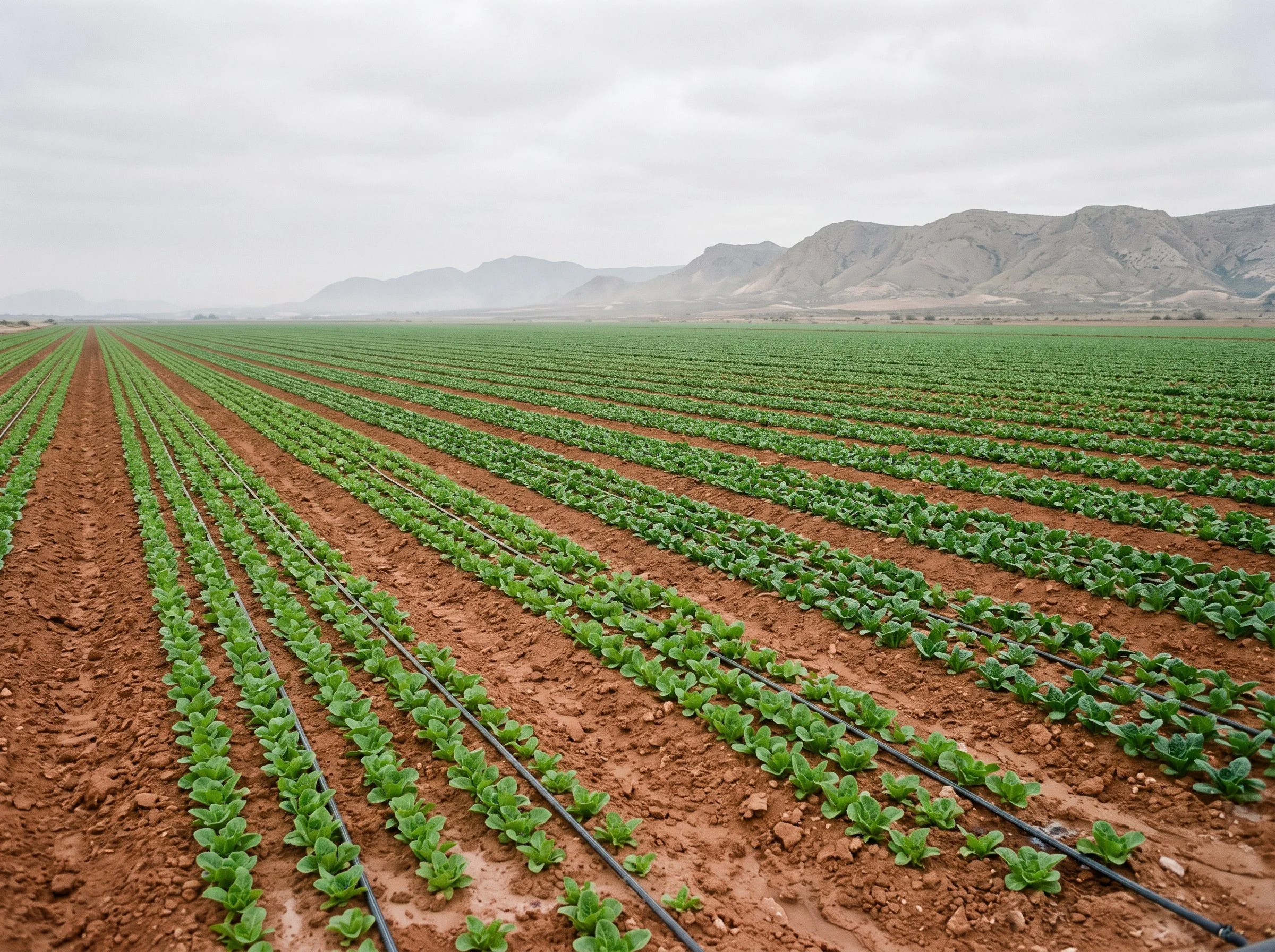 AI-generated illustration: rows of young lettuce in the Campo de Cartagena, Murcia, under an overcast sky. Not a photograph of a customer site.