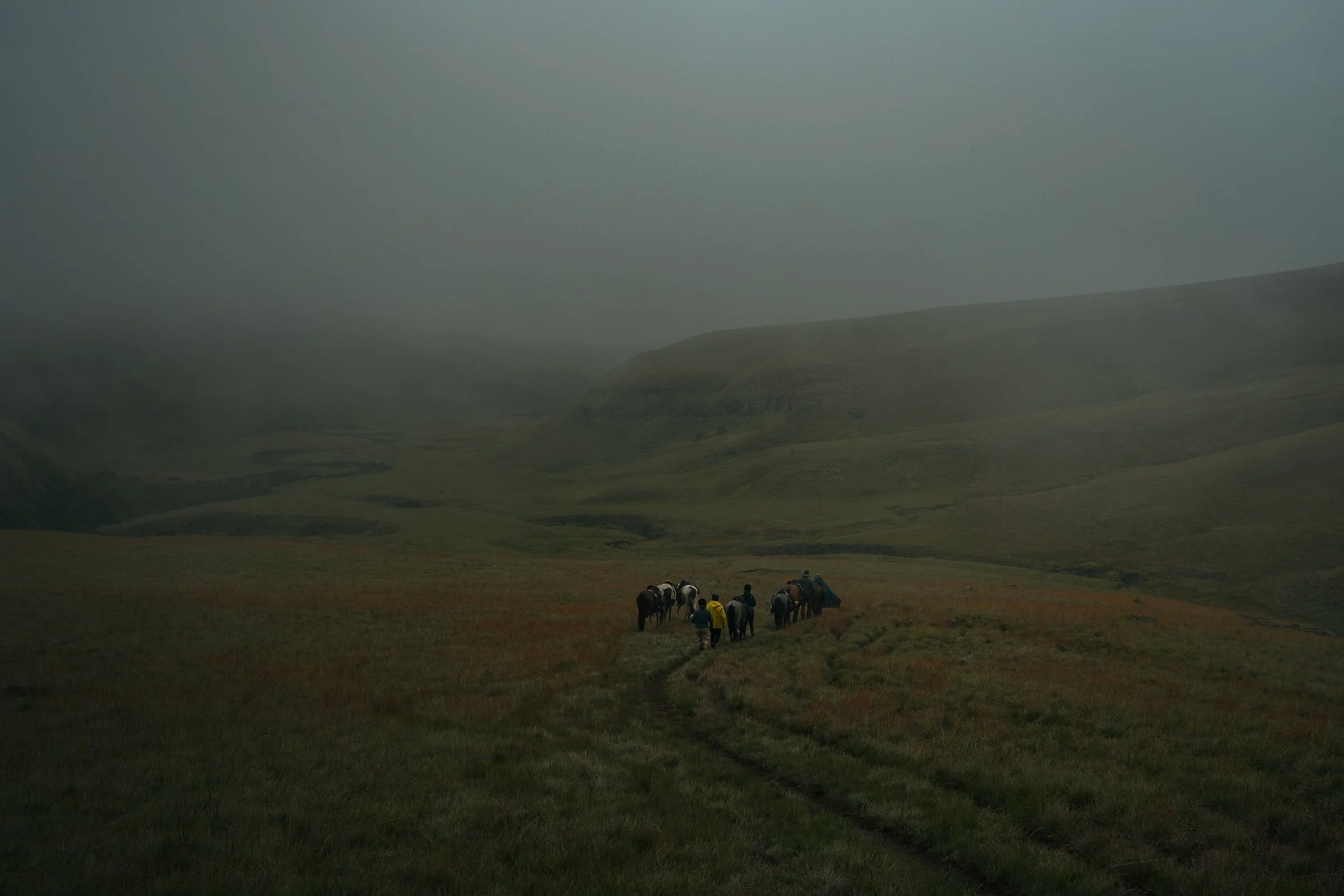 Our group and horses disappearing into the misty hills of Lesotho