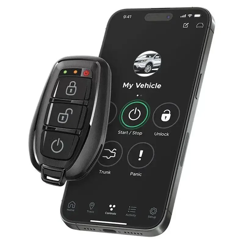 Three-button remote starter key fob beside a smartphone app for remotely starting, locking and unlocking a compatible vehicle available for professional installation at Xtreme in Bridgeville, PA