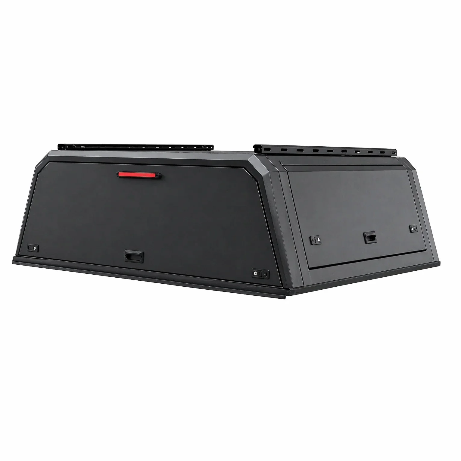 Black commercial aluminum truck cap with lockable solid side access doors and roof rails, available through Xtreme Car & Truck Accessories in Bridgeville, PA.
