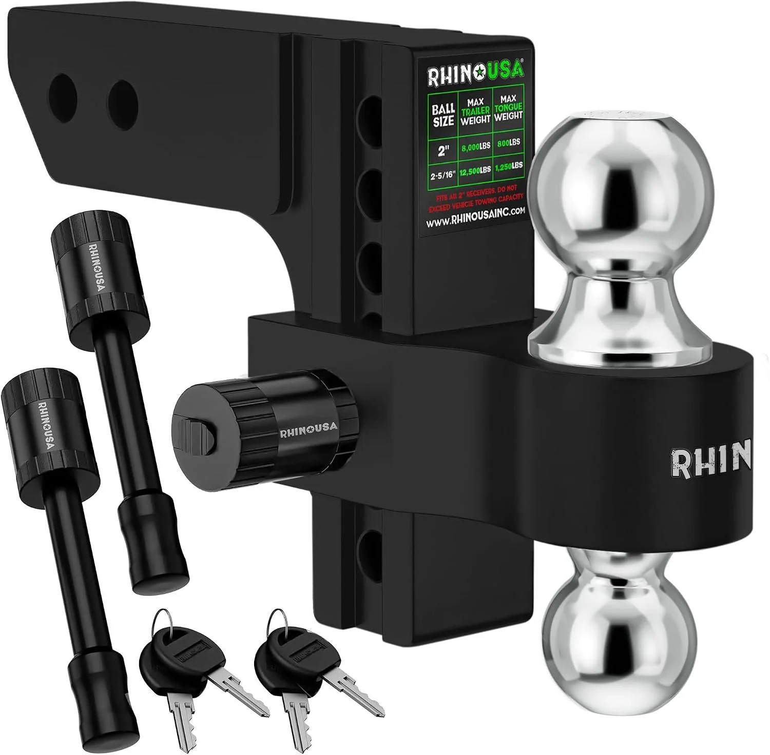 Rhino USA adjustable trailer hitch ball mount with two polished tow balls, height-adjustable drop shank, locking pins and keys, available through Xtreme Car & Truck in Bridgeville, PA.