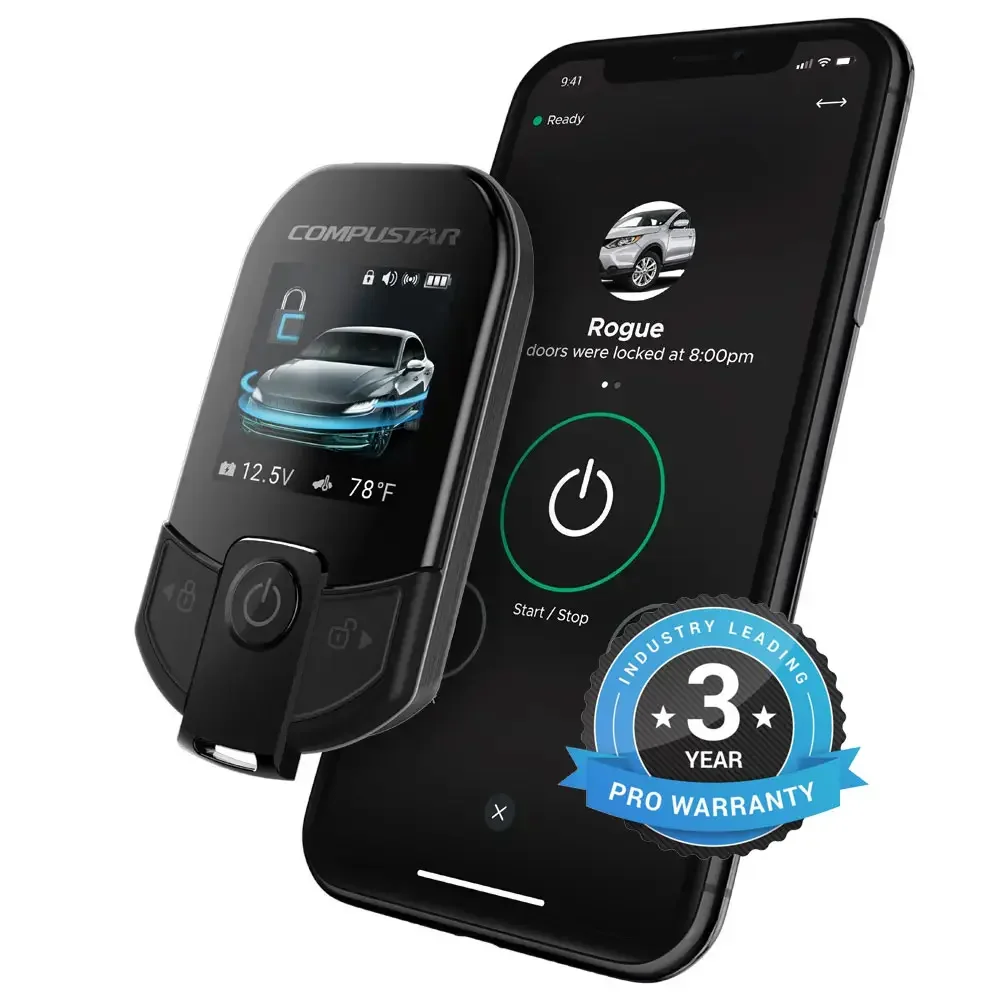Compustar two-way LCD remote starter and smartphone control app with vehicle status display available for professional installation at Xtreme in Bridgeville, PA