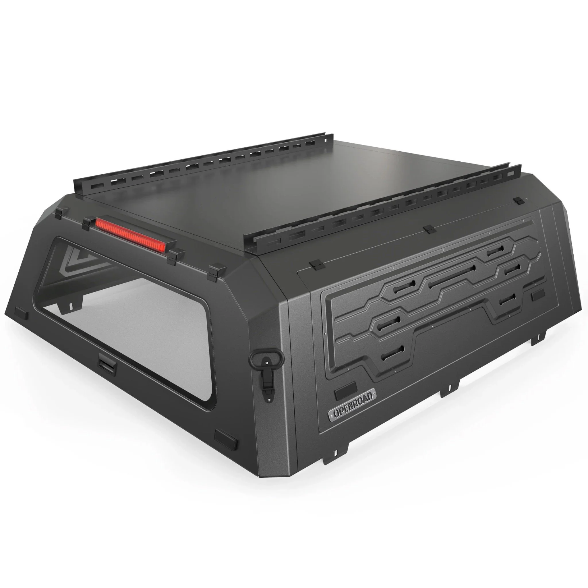 OPENROAD overland truck cap with side MOLLE-style storage panel, rear window, and roof rails, available through Xtreme Car & Truck Accessories in Bridgeville, PA.
