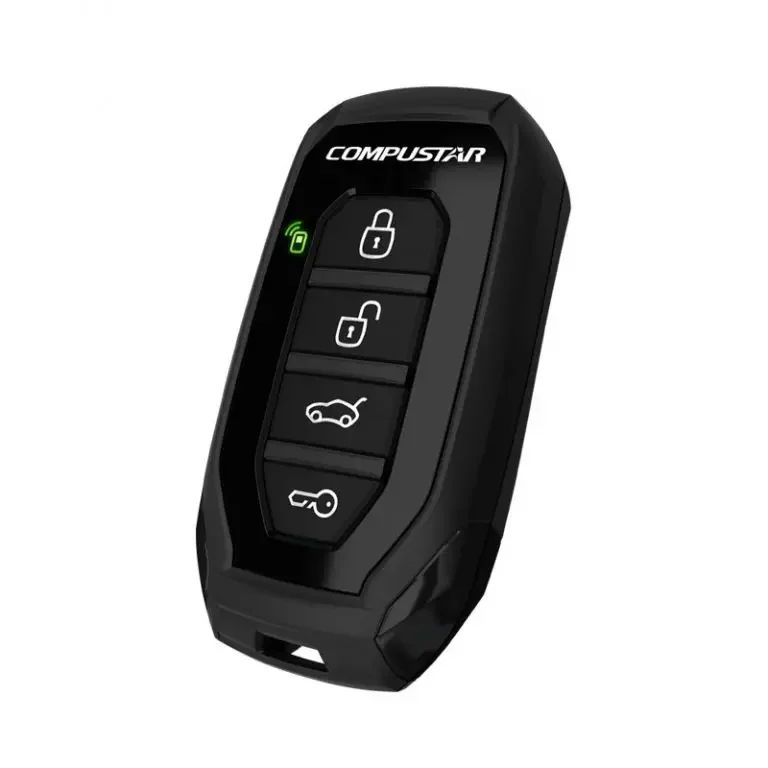 Compustar four-button remote starter fob with lock, unlock, trunk-release and auxiliary vehicle-control buttons available for professional installation at Xtreme in Bridgeville, PA