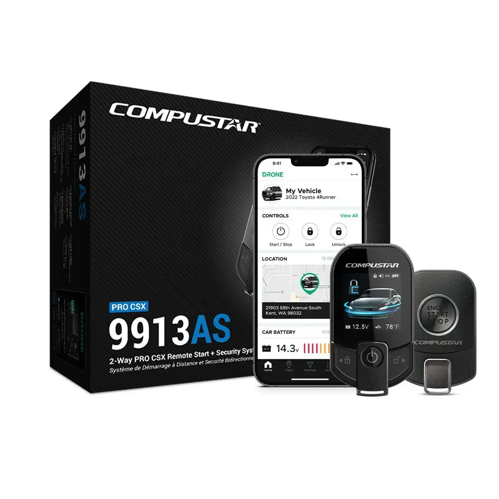 Compustar Pro CSX 9913AS remote start and security system package with two remotes and DroneMobile smartphone controls available for professional installation at Xtreme in Bridgeville, PA
