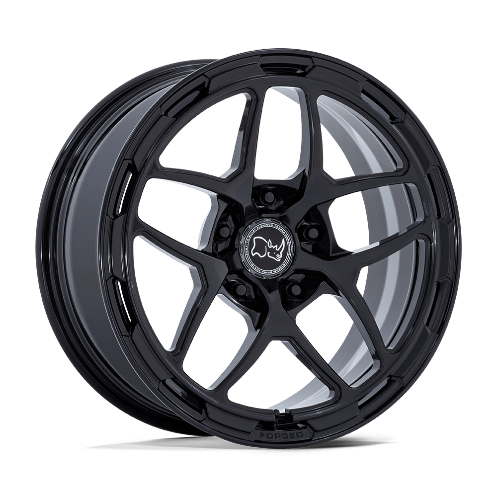Gloss black Black Rhino forged wheel with angular spokes for a modern custom truck, Jeep, or SUV build available through Xtreme in Bridgeville, PA