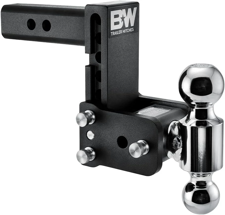 B&W adjustable two-ball trailer hitch mount with a black receiver shank, height-adjustment channel, silver mounting pins and polished tow balls for vehicle-specific towing setups available for trailer hitch installation at Xtreme in Bridgeville, PA