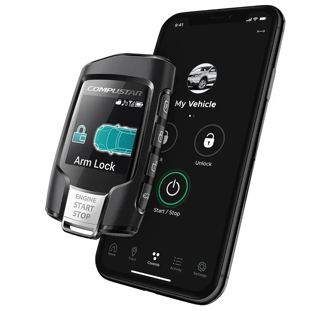 Compustar two-way LCD remote starter beside a smartphone app for remote start, lock, unlock and compatible vehicle control available for professional installation at Xtreme in Bridgeville, PA