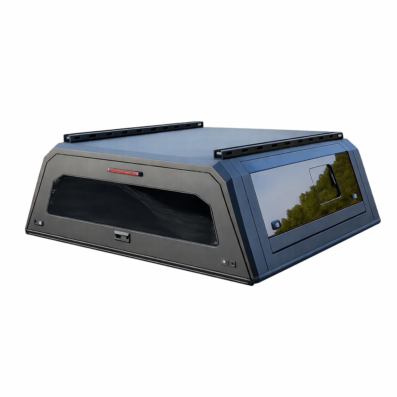 Dark modular truck cap with tinted side window and roof mounting rails, available from Xtreme Car & Truck Accessories in Bridgeville, PA near Pittsburgh.