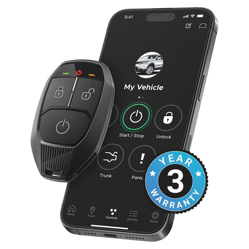Remote starter key fob with lock, unlock and start controls beside a smartphone app available for professional installation at Xtreme in Bridgeville, PA