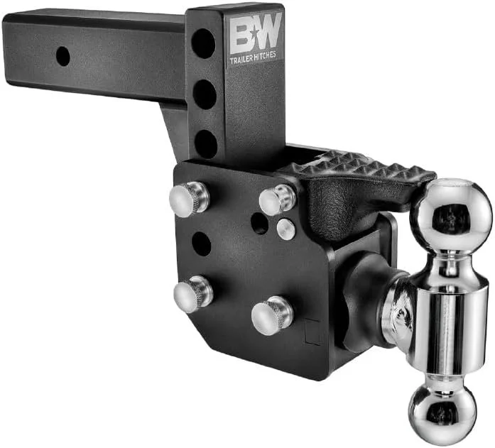 B&W adjustable dual-ball trailer hitch mount with a black height-adjustable receiver shank, silver securing pins, textured platform and two polished tow balls available for trailer hitch installation at Xtreme in Bridgeville, PA