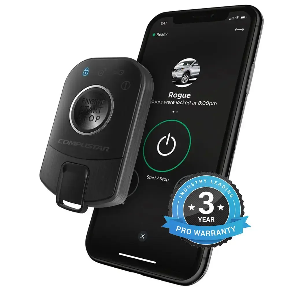 Compact Compustar remote starter paired with a smartphone vehicle-control app available for professional installation at Xtreme in Bridgeville, PA