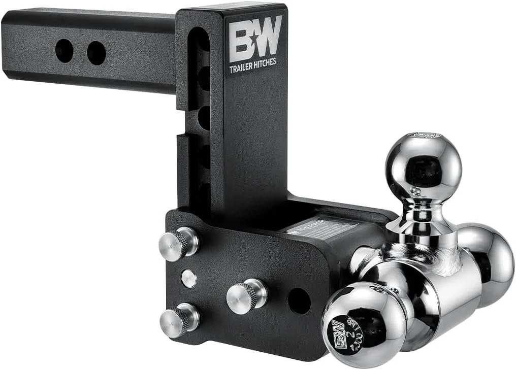 B&W adjustable multi-ball trailer hitch with a black steel receiver shank, vertical height adjustment, secure mounting pins and multiple polished tow-ball sizes for different trailers available for trailer hitch installation at Xtreme in Bridgeville, PA