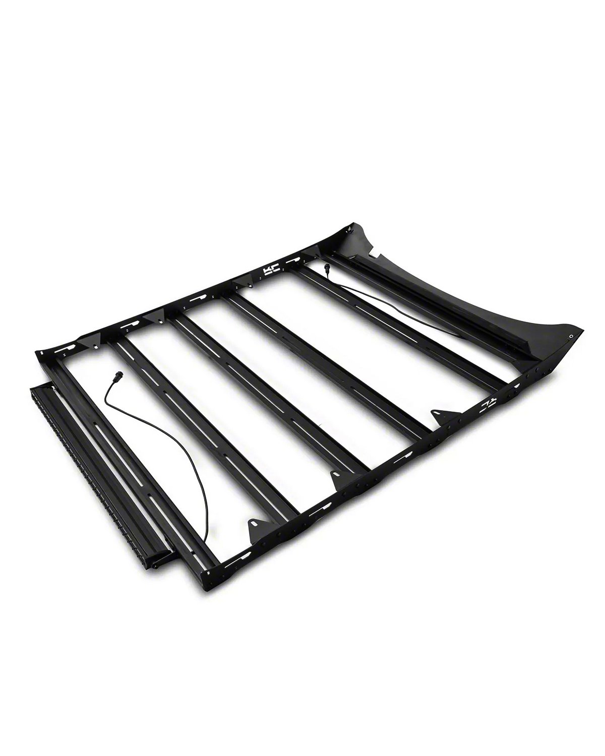 Low-profile roof rack platform shown with its crossbars, mounting brackets, wiring, and LED light bar before installation.