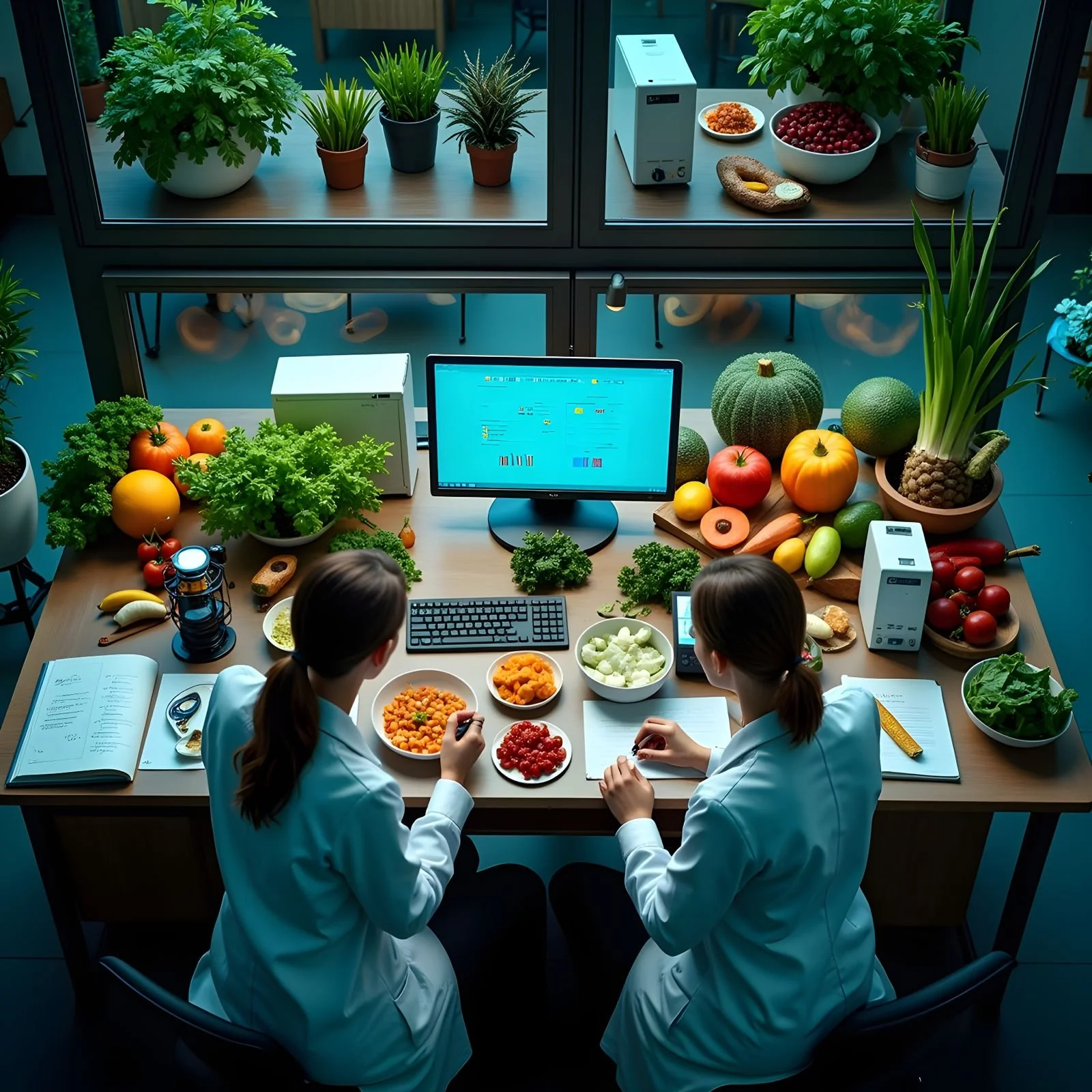 Researchers studying nutrition with fresh produce