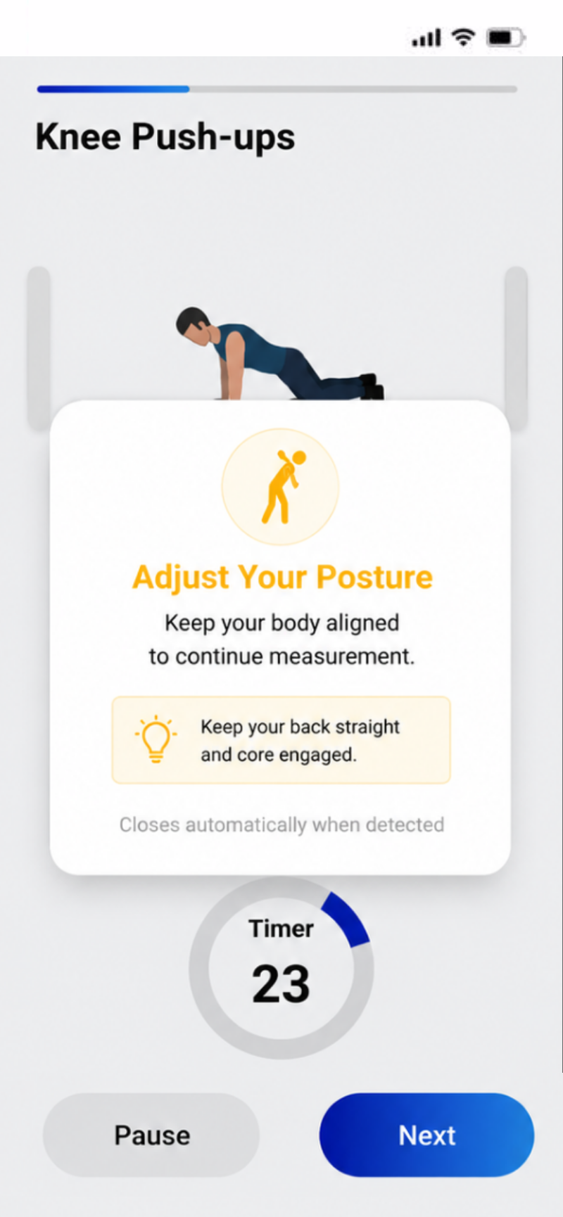 TracME motion guidance prompting the user to adjust posture during knee push-ups