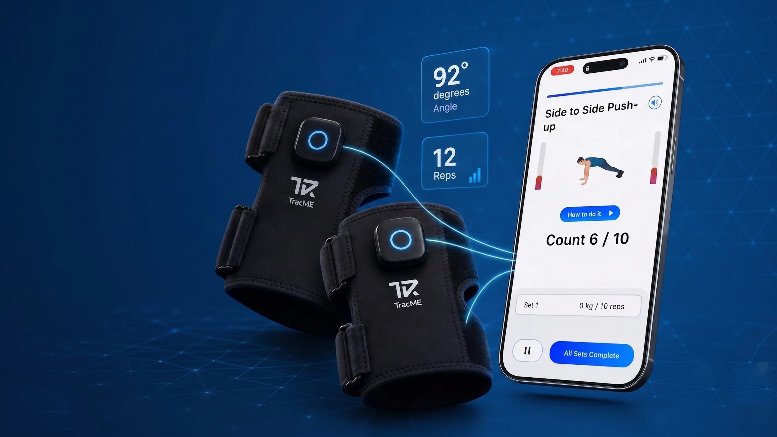 TracME wearable knee devices connected to the AI fitness app showing angle and rep tracking