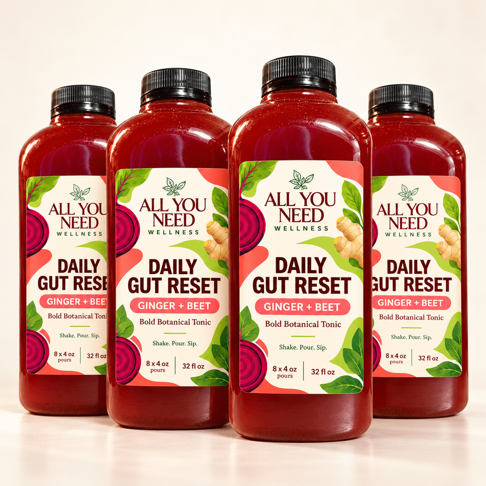 Daily Gut Reset Ginger + Beet bottles with the Concept A botanical label
