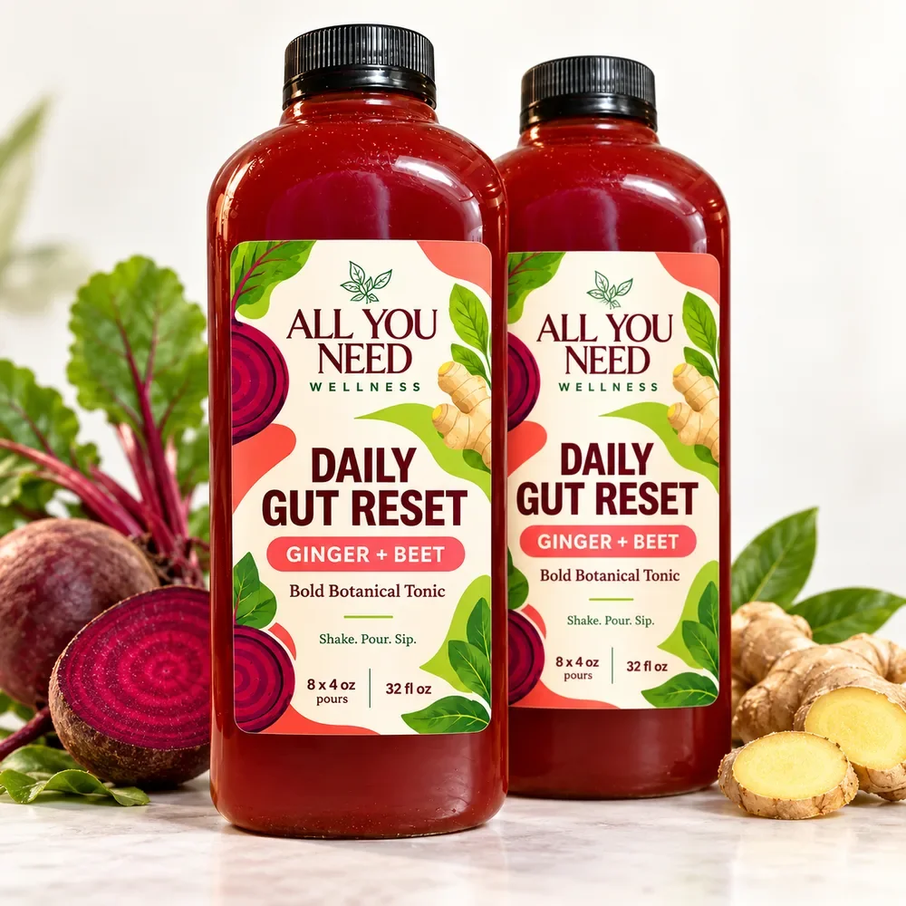 Daily Gut Reset Ginger + Beet botanical tonic: clear bottles of deep beet-red tonic with black caps and colorful botanical labels
