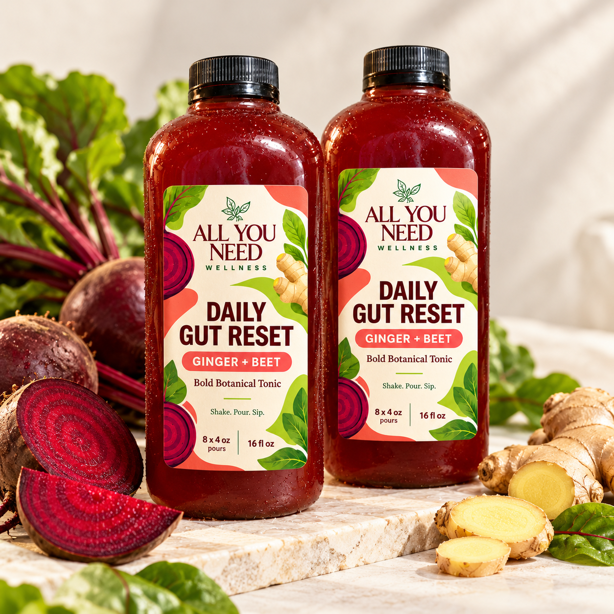 The Starter Pack: two 16 fl oz bottles of Daily Gut Reset Ginger + Beet tonic
