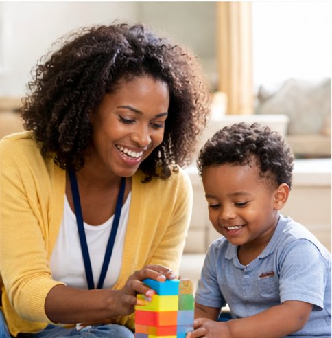 Therapist supporting child during in-home ABA therapy