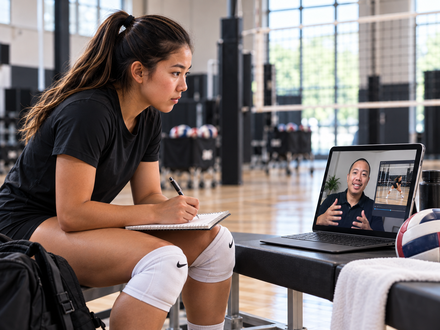 Illustrative athlete receiving remote coaching from Coach Chris and taking notes