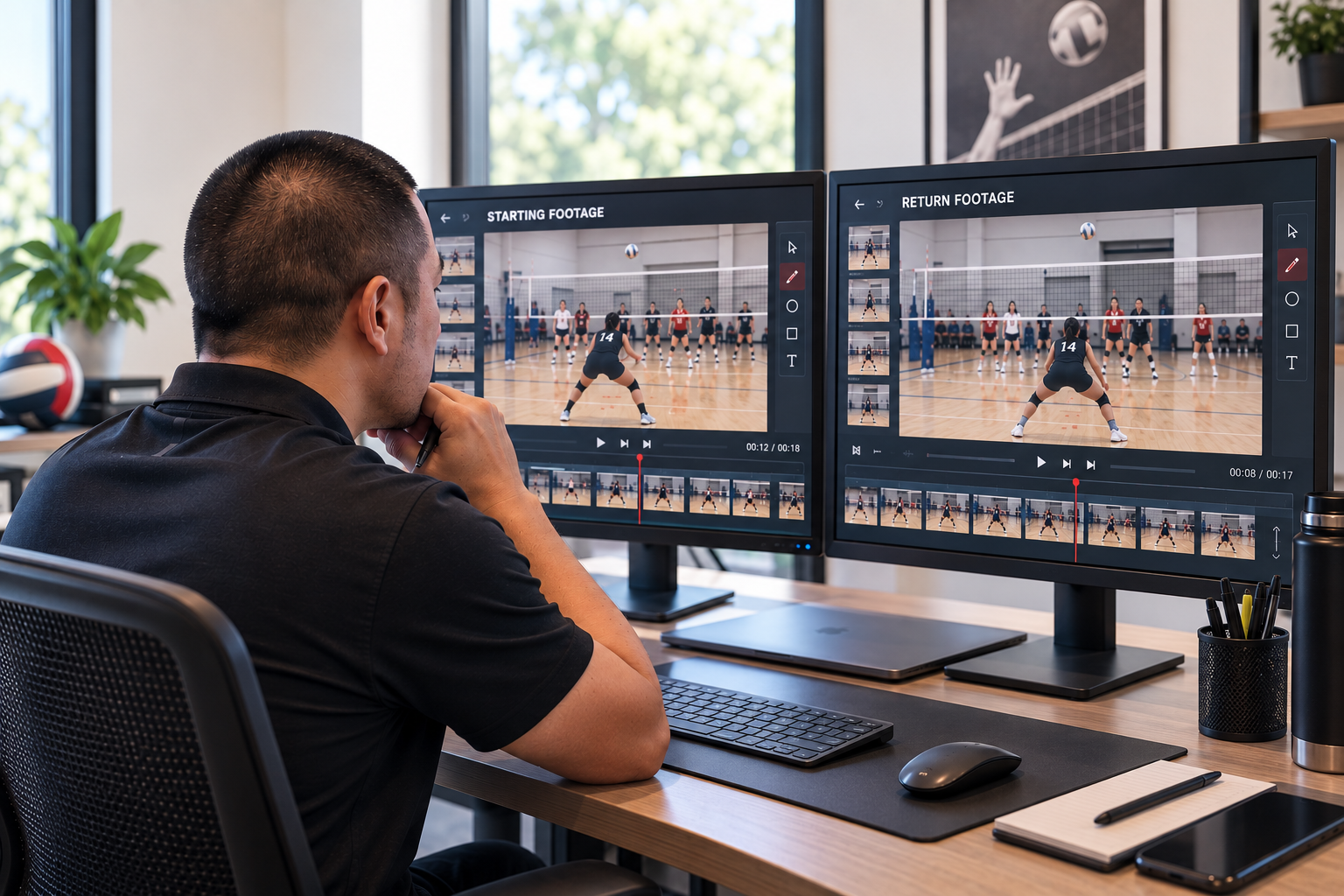 Illustrative Coach Chris comparing starting and return footage on two monitors