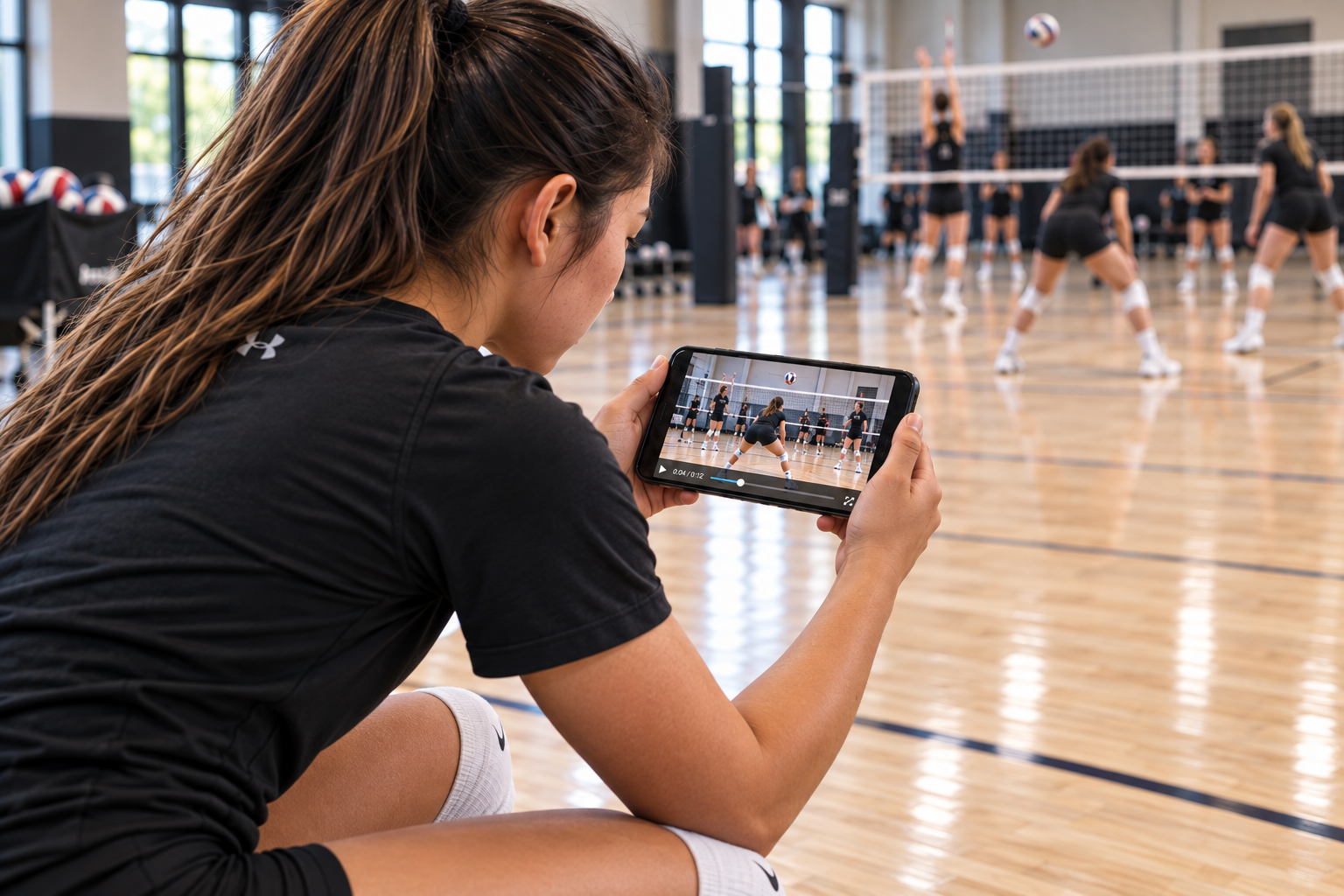 Illustrative athlete reviewing newly recorded volleyball footage