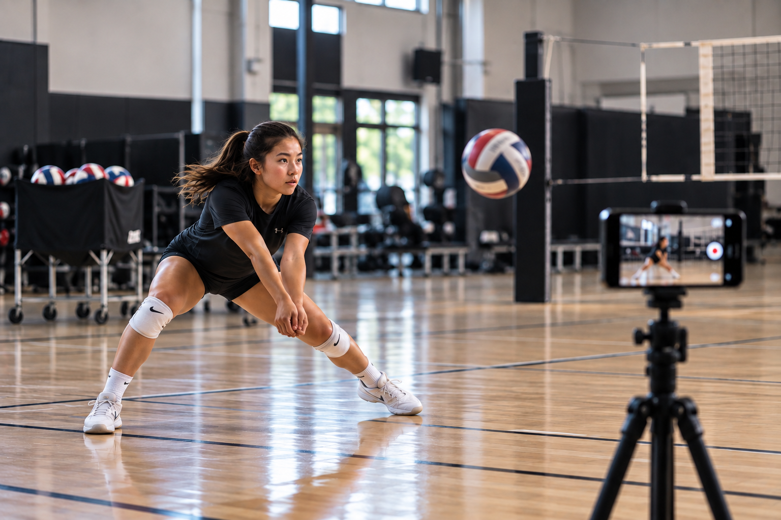 Illustrative athlete training while a phone records the rep