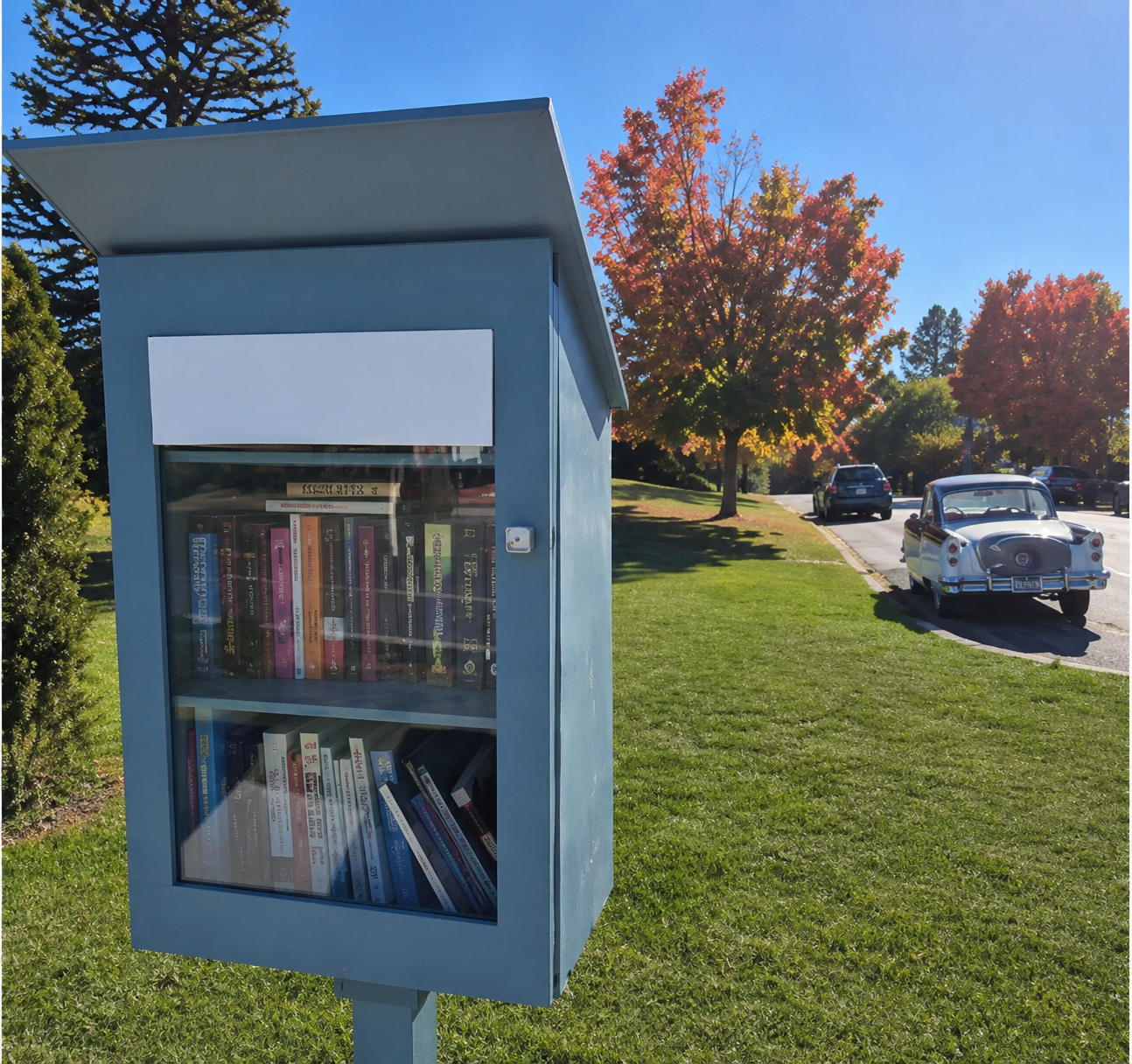 Blue Box community library prototype built by Plane4 Grain on a sunny grass verge
