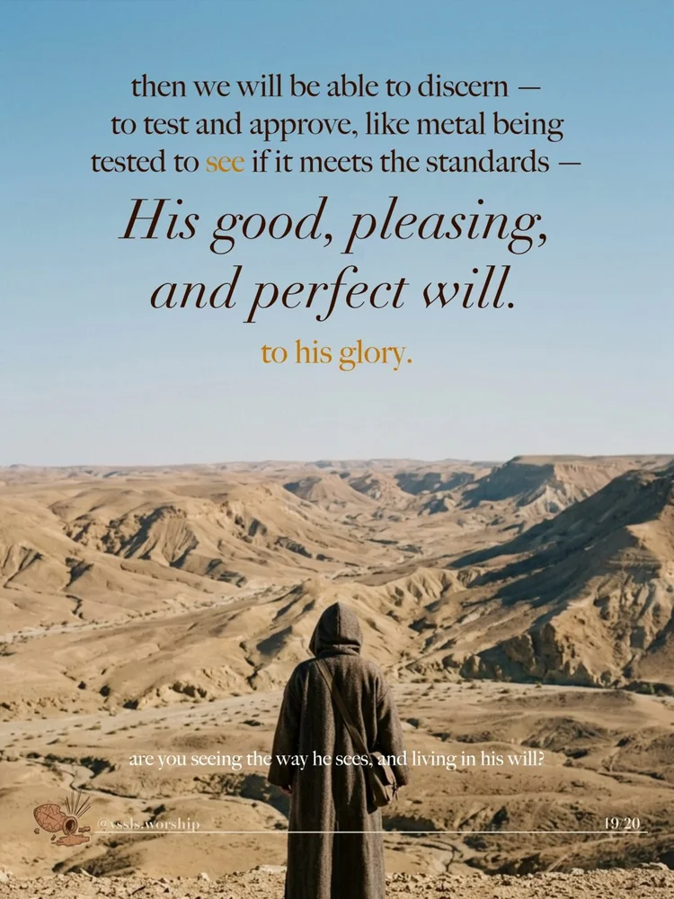 then we will be able to discern — to test and approve, like metal being tested to see if it meets the standards — his good, pleasing, and perfect will. to his glory. are you seeing the way he sees, and living in his will?
