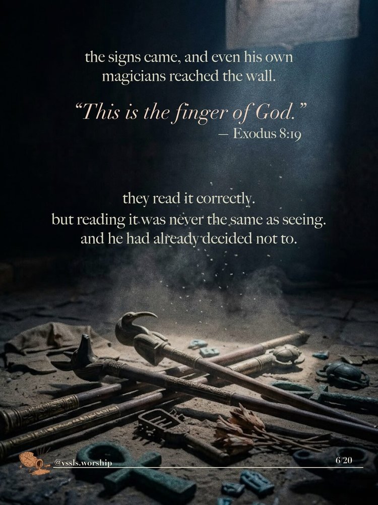the signs came, and even his own magicians reached the wall. "This is the finger of God." — Exodus 8:19 they read it correctly. reading it was never the same as seeing. and he had already decided not to.