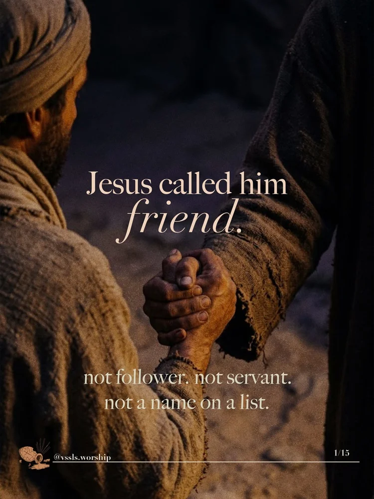 Two hands clasped in greeting, seen over a robed shoulder in warm light. Text: Jesus called him friend. not follower. not servant. not a name on a list.