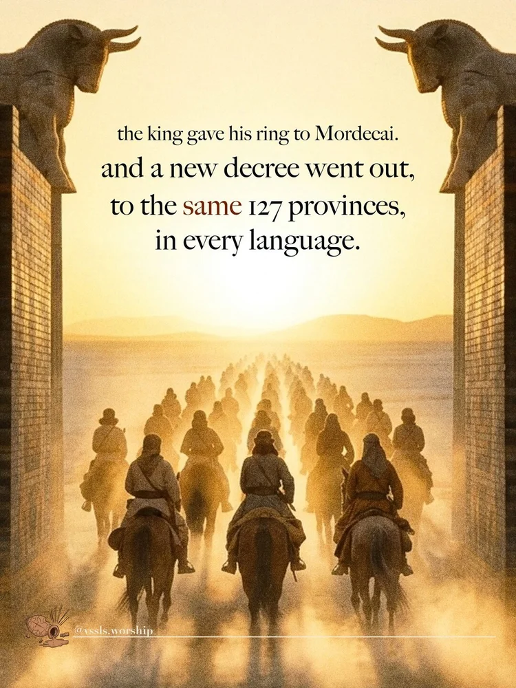 the king gave his ring to Mordecai. and a new decree went out, to the same 127 provinces, in every language.