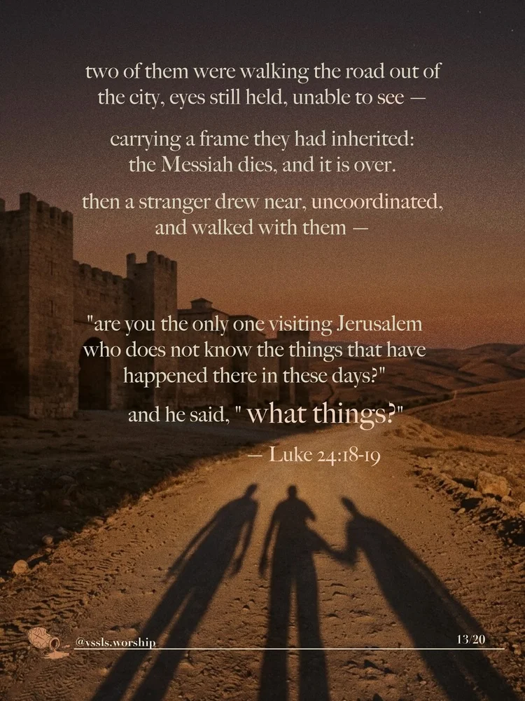 two of them were walking the road out of the city, eyes still held, unable to see — carrying a frame they had inherited: the Messiah dies, and it is over. then a stranger drew near, uncoordinated, and walked with them — "are you the only one visiting Jerusalem who does not know the things that have happened there in these days?" and he said, "what things?" — Luke 24:18-19