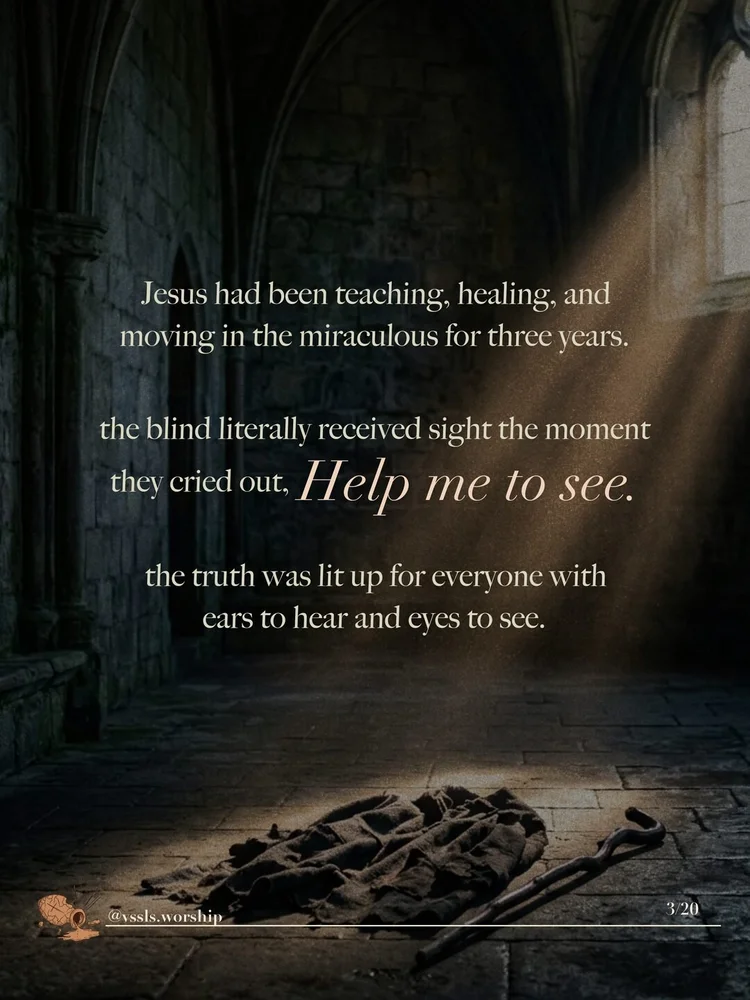 Jesus had been teaching, healing, and moving in the miraculous for three years. the blind literally received sight the moment they cried out, "Help me to see." the truth was lit up for everyone with ears to hear and eyes to see.