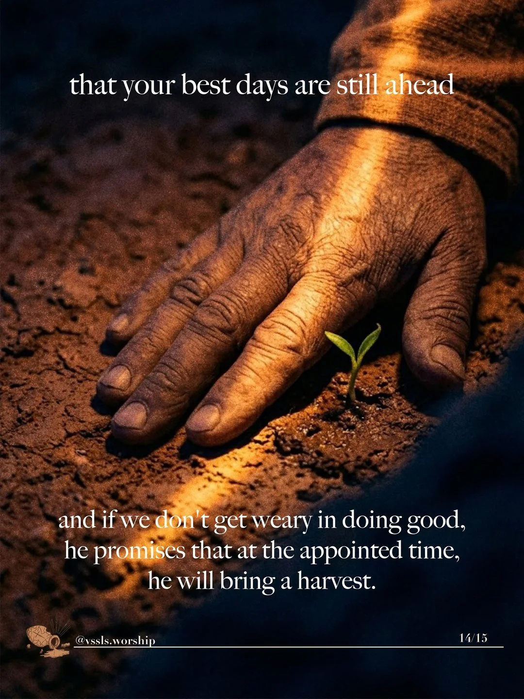 A weathered hand on the soil beside a new green shoot. Text: that your best days are still ahead and if we don’t get weary in doing good, he promises that at the appointed time, he will bring a harvest.