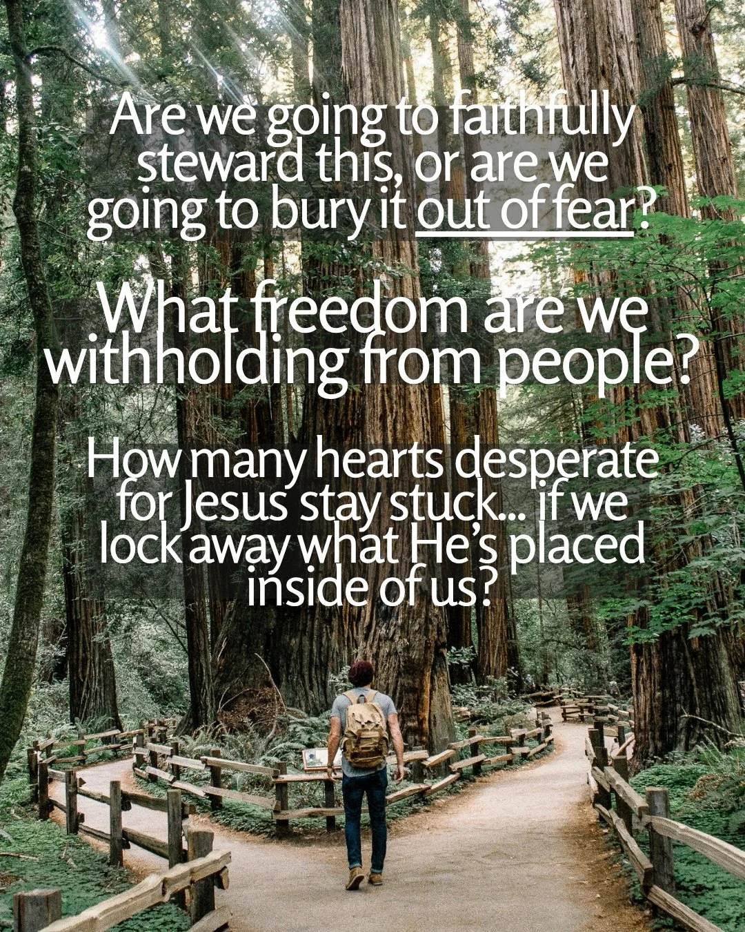 A man with a backpack walks along a fenced path through a redwood forest where the trail forks. Text: Are we going to faithfully steward this, or are we going to bury it out of fear? What freedom are we withholding from people? How many hearts desperate for Jesus stay stuck... if we lock away what He’s placed inside of us?