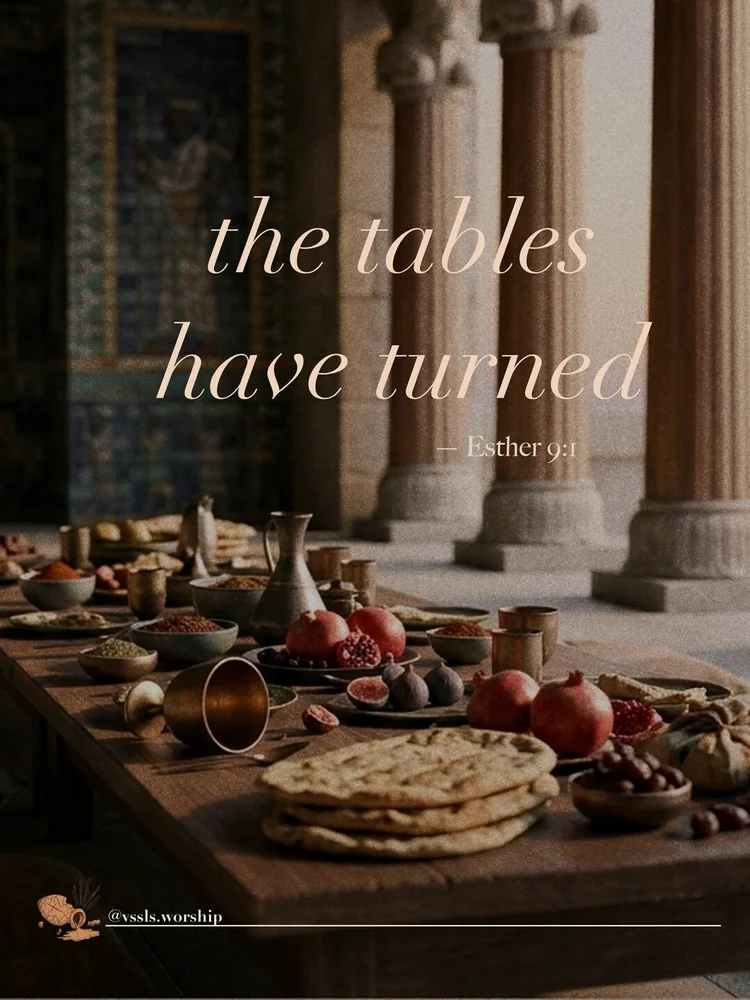 A low Persian banquet table in a columned palace hall at first light, one bronze cup tipped over at an empty seat. Text: the tables have turned — Esther 9:1