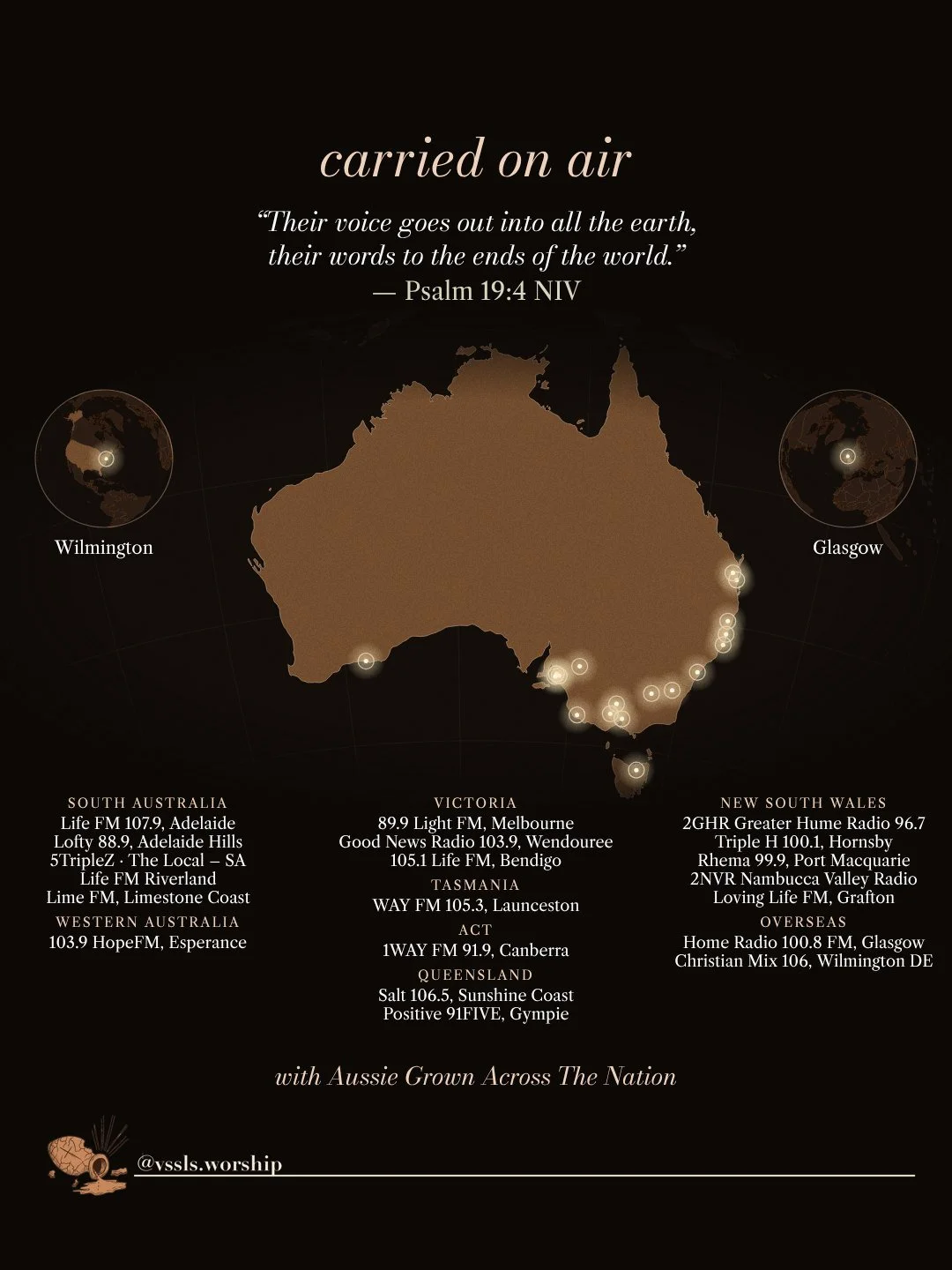 carried on air “Their voice goes out into all the earth, their words to the ends of the world.” — Psalm 19:4 NIV with Aussie Grown Across The Nation