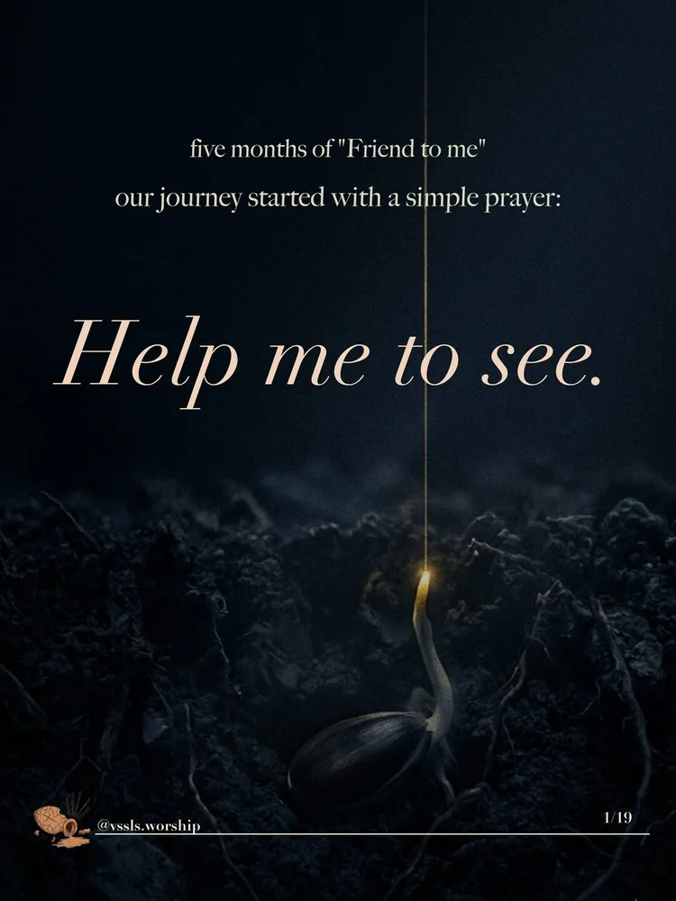 A seedling rising from dark soil, a single thread of gold light falling on it. Text: five months of "Friend to me" our journey started with a simple prayer: Help me to see.