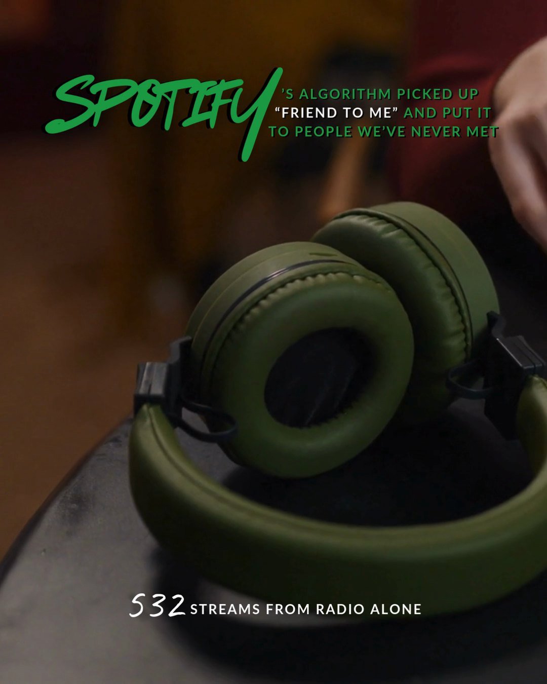 Spotify’s algorithm picked up “Friend to me” and put it to people we’ve never met 532 streams from radio alone