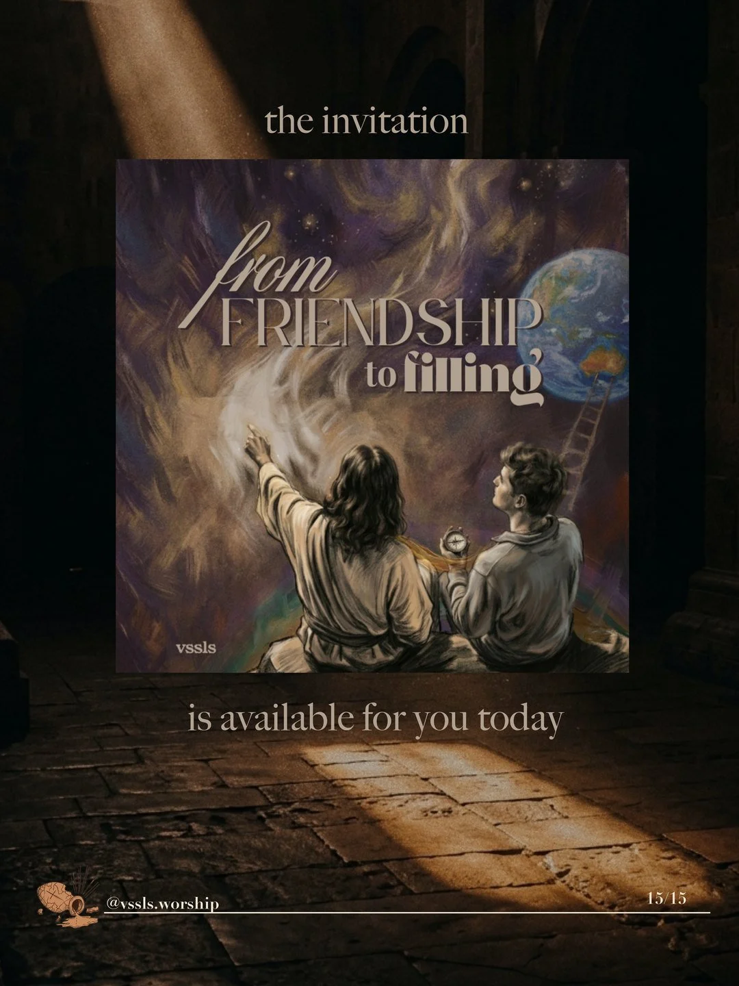 The from friendship to filling EP cover in a beam of light. Text: the invitation, from friendship to filling, is available for you today.