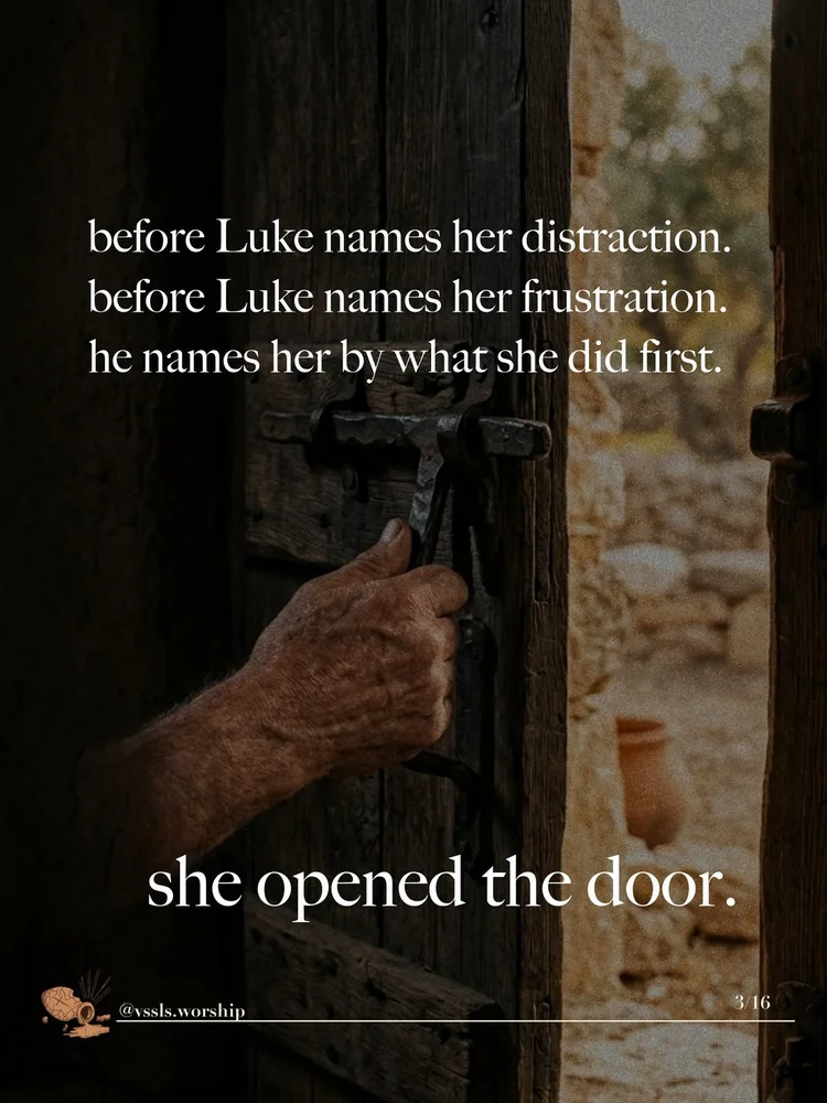 before Luke names her distraction. before Luke names her frustration. he names her by what she did first. she opened the door.