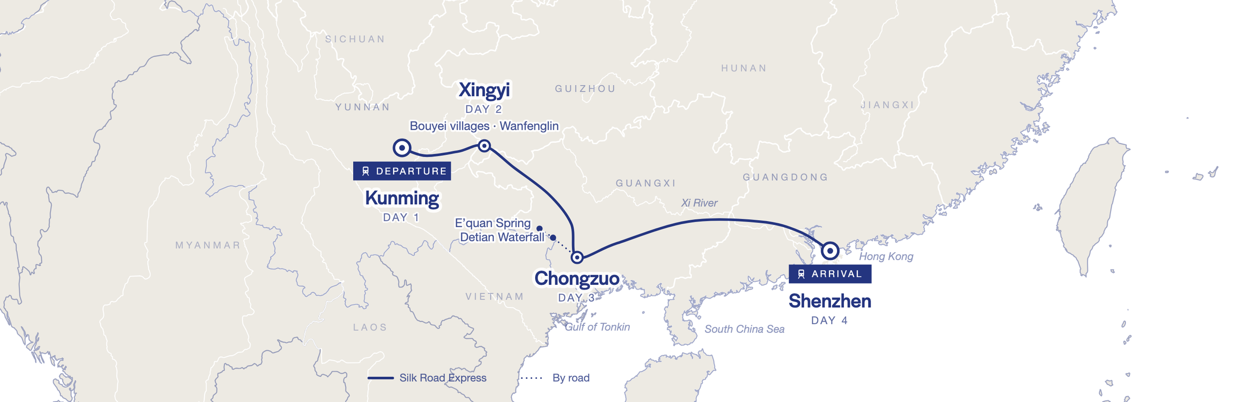 Route map from Kunming to Shenzen
