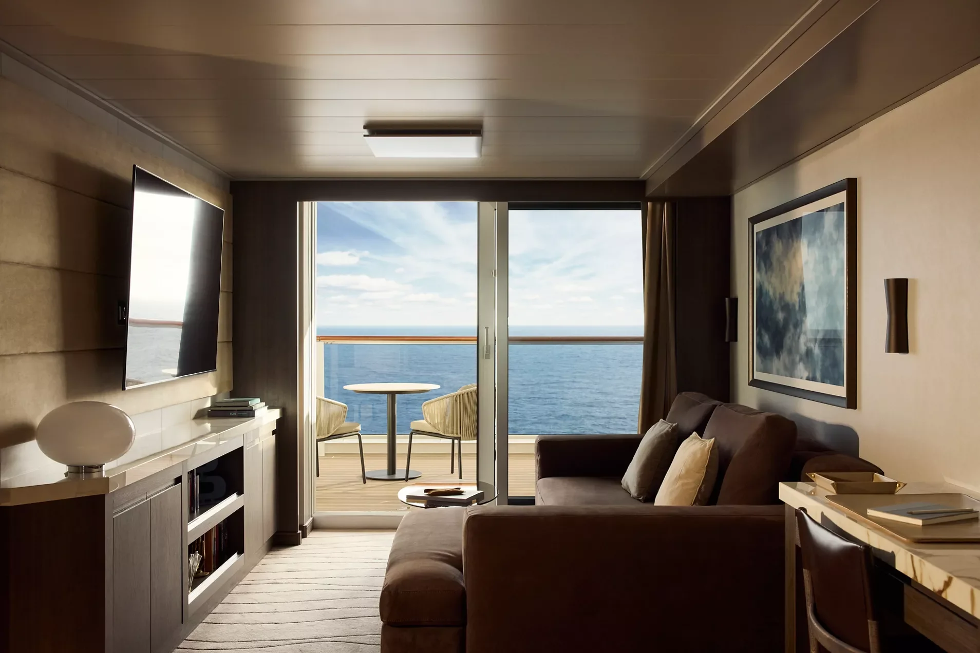 Explora Journeys Cove Residence bedroom opening onto a terrace with a private whirlpool