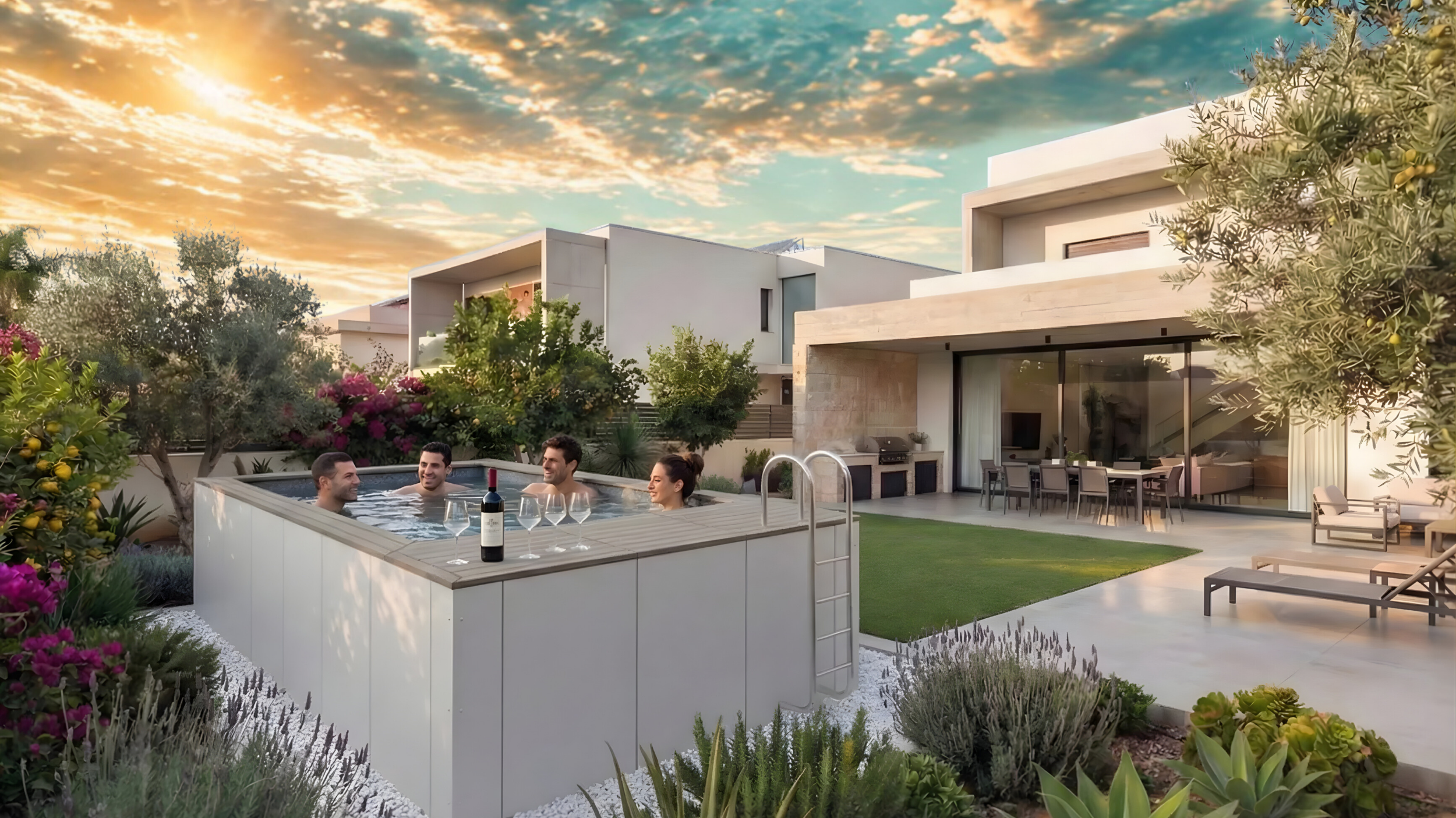 Poolin Around luxury garden pool at golden hour